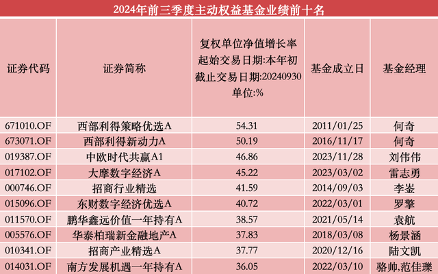 前三季度两只“冠亚基”收益超50%，超八成百亿级主动权益基金“回血”