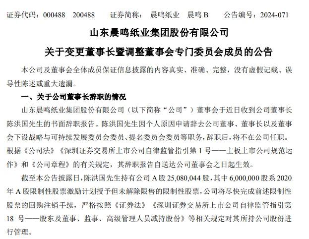 国内最大造纸企业之一突发公告！晨鸣纸业董事长夫妇同时辞职