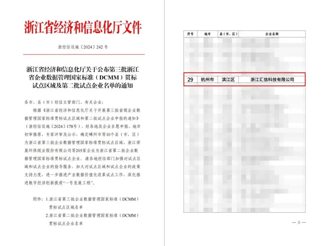 通过！汇信科技入选浙江省企业数据管理国家标准（DCMM）贯标试点企业名单